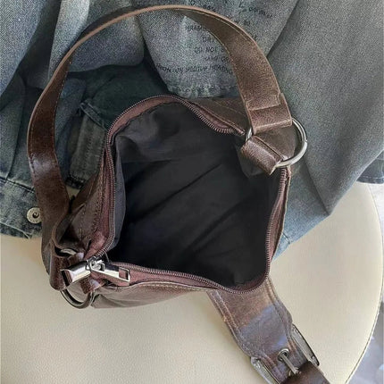 Y2K Vintage Distressed Leather Women Bag Shoulder Bag Maillard Style Underarm Purse Two Tone Crossbody Bag for Women PlatiNum