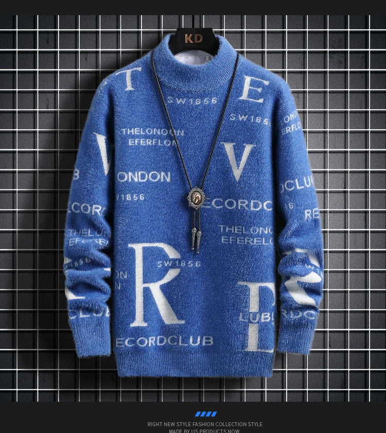 New Men's Blue Pullover Sweater American Classic Men's Black Sweater Color Blocked Warm Top Fashionable Men's Clothing 2025 New