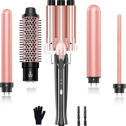 Curling Iron Set 5-in-1 Hair Curler with 3 Barrel Hair Crimper, Hair Straightener - Waver Heating Styling Tools for Women