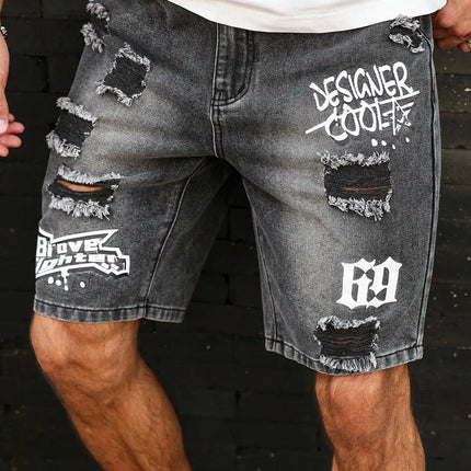 Pantaloncini effetto consumato da uomo all'ingrosso, jeans alla moda, stile casual estivo, vita media, colore chiaro, tessuto
