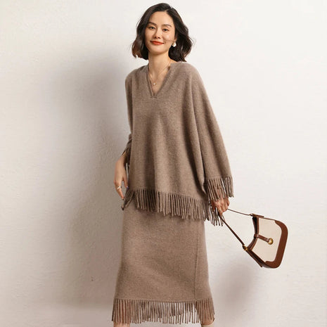 New Straight A-line Skirt Women's 100% Cashmere knitwear Spring Autumn Casual Loose Tassels Soft High Waist Mid Length Skirt PlatiNum