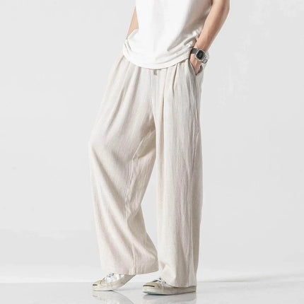 Pantaloni da uomo in cotone e lino, comodi, traspiranti, con elastico in vita, pantaloni da uomo in tinta unita, casual, stile Harajuku, pantaloni larghi a gamba dritta