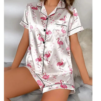 Pigiama da donna Pj Set Pigiama in raso con stampa a cuore Casual Manica corta Colletto con risvolto Top e pantaloni Indumenti da notte e pigiama per adulti platinumshop