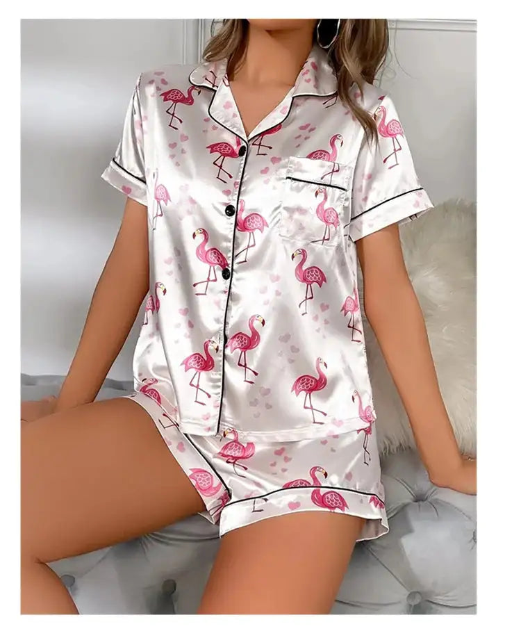 Pigiama da donna Pj Set Pigiama in raso con stampa a cuore Casual Manica corta Colletto con risvolto Top e pantaloni Indumenti da notte e pigiama per adulti platinumshop
