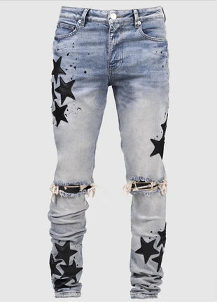 Vintage Star Print Stretch Punk Style Ripped Jeans Men's Streetwear Fashion Pocket Male Youth Daily Casual Denim Pencil Pants PlatiNum