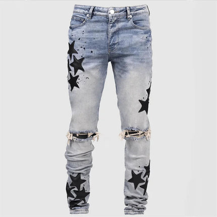 Vintage Star Print Stretch Punk Style Ripped Jeans Men's Streetwear Fashion Pocket Male Youth Daily Casual Denim Pencil Pants PlatiNum