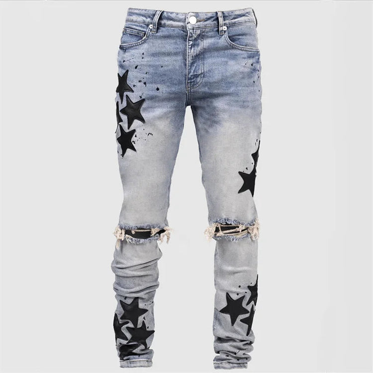 Vintage Star Print Stretch Punk Style Ripped Jeans Men's Streetwear Fashion Pocket Male Youth Daily Casual Denim Pencil Pants PlatiNum