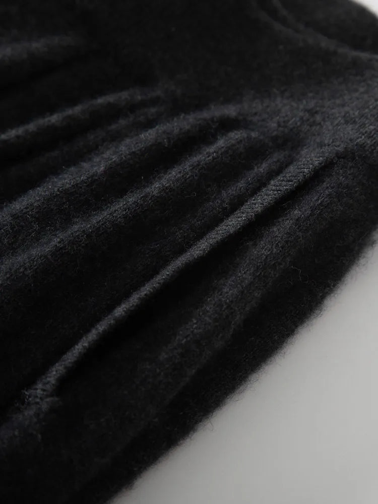 Classic Autumn Winter Wave Skirt 100% Cashmere Skirt Women A-Line Skirt Female Double Elastic Waist Pocket Warm Knit Long Dress PlatiNum