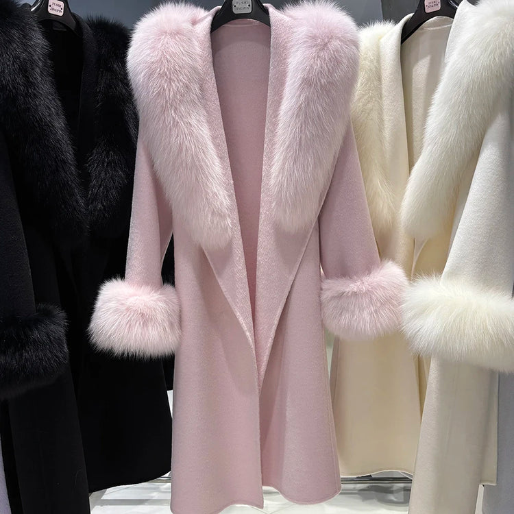 YOLOAgain Women's 100% Wool Coat Long With Detachable Real Fox Fur Collar 2025 Autumn Elegant Double-Sided Wool Coat