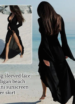Copricostume estivo da spiaggia con scollo a V, bikini ampio con volant, protezione solare, grembiule, costume da bagno, manica lunga, copricostume per donna platinumshop