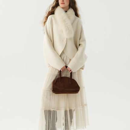 DUSHU Short Wool Coat  Fox Fur Collar and Camel Hair Women Warm Single Breasted Elegant Temperament Winter Batwing Sleeve