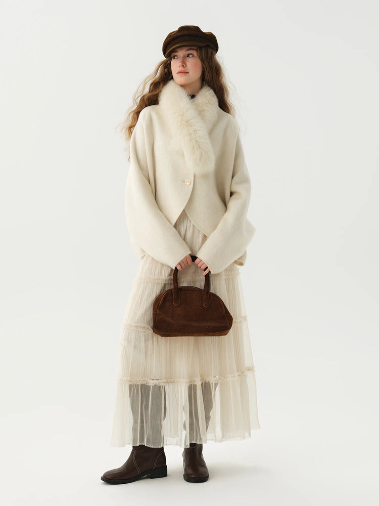 DUSHU Short Wool Coat  Fox Fur Collar and Camel Hair Women Warm Single Breasted Elegant Temperament Winter Batwing Sleeve