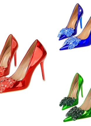 Donne 10.5cm tacchi alti in pelle lucida Drag Queen banchetto Dress Pumps Lady Luxury Crystal Bow Stiletto Blue Green Red Prom Shoes