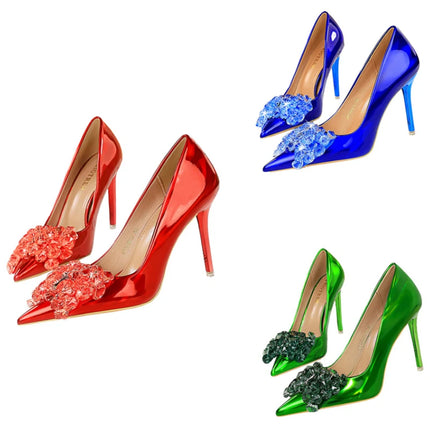Donne 10.5cm tacchi alti in pelle lucida Drag Queen banchetto Dress Pumps Lady Luxury Crystal Bow Stiletto Blue Green Red Prom Shoes