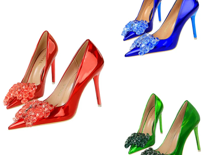 Donne 10.5cm tacchi alti in pelle lucida Drag Queen banchetto Dress Pumps Lady Luxury Crystal Bow Stiletto Blue Green Red Prom Shoes