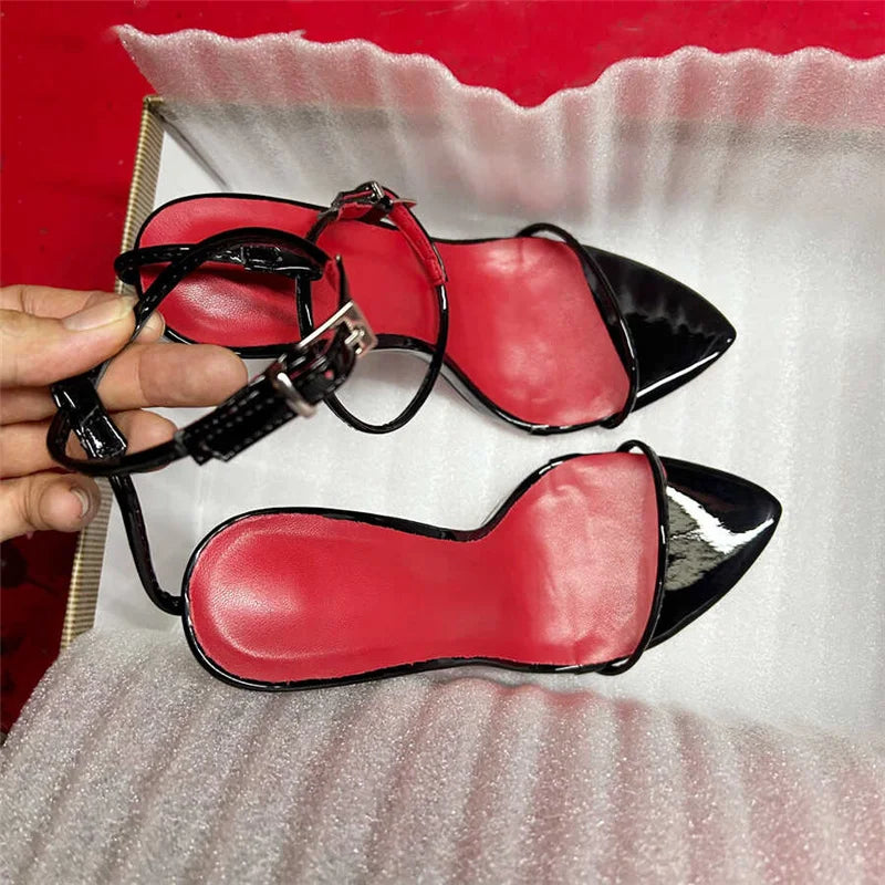 Black red sexy sandals metal buckle straps 12cm super high thin heel pointed open toe white handmade summer lady sandals LX032