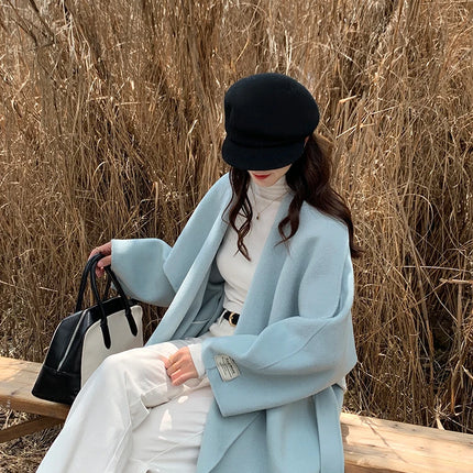 High-end Women Double-sided Wool Long Coat Warm Baby Blue Lapel Loose Double Breasted Wool Coat Female Fashion Autumn Winter