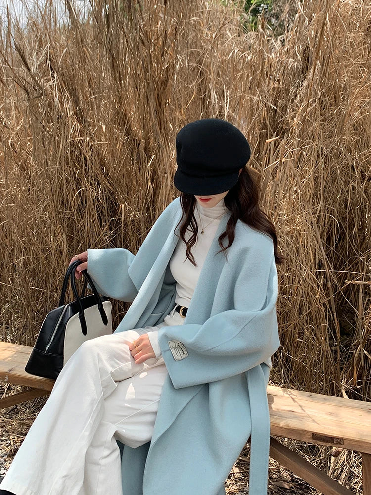 High-end Women Double-sided Wool Long Coat Warm Baby Blue Lapel Loose Double Breasted Wool Coat Female Fashion Autumn Winter