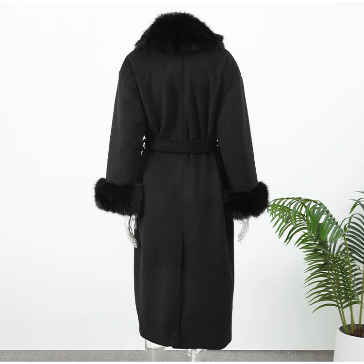 Retro Black Fur Patchwork Woolen Coat Women Chic Full Sleeve V-neck Lace Up Loose Long Overcoat 2025 Lady Winter Commute Outwear