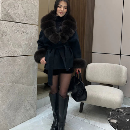 Brown Faux Fur Collar Wool Blend Belted Coats Elegant Wrap V Neck Long Sleeve Lace Up Jackets 2026 Lady Winter Autumn Outwear