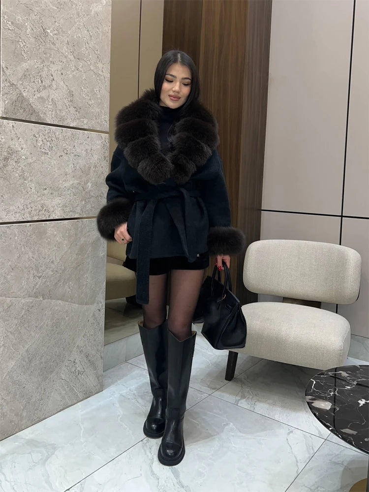 Brown Faux Fur Collar Wool Blend Belted Coats Elegant Wrap V Neck Long Sleeve Lace Up Jackets 2026 Lady Winter Autumn Outwear