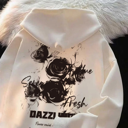 American Retro Black Rose Print Men Women Hooded Sweatshirt Autumn Winter Outdoor Vacation Fitness Casual Loose Warm Sportswear
