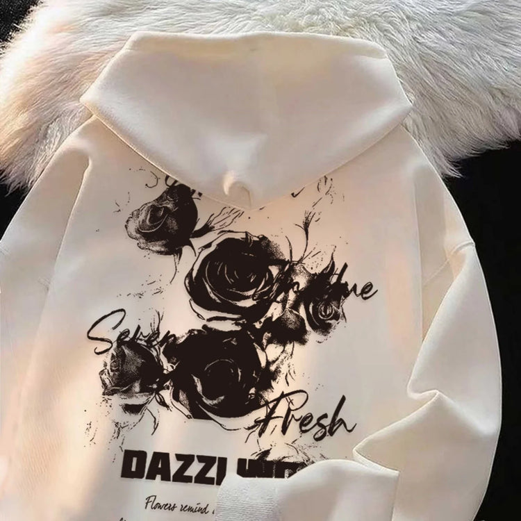 American Retro Black Rose Print Men Women Hooded Sweatshirt Autumn Winter Outdoor Vacation Fitness Casual Loose Warm Sportswear
