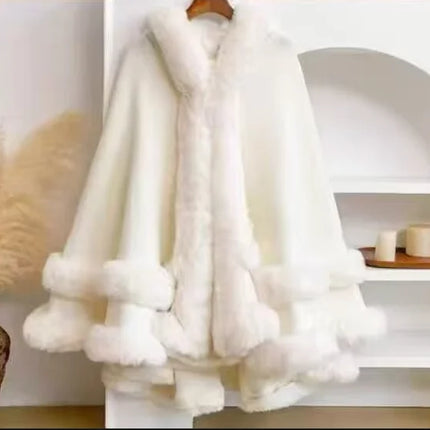 7 Colors Winter Shawl Warm Thick Cappa Coat Two Circle Faux Fox Fur Loose Poncho Cloak With Hat Women Big Pendulum Cardigan Cape