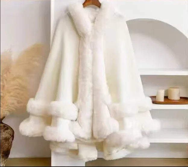 7 Colors Winter Shawl Warm Thick Cappa Coat Two Circle Faux Fox Fur Loose Poncho Cloak With Hat Women Big Pendulum Cardigan Cape