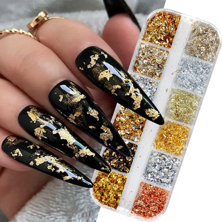 12 Color Gold Foils Gorgeous Nails Glitter Random Aluminum Flakes Paillette Chip Nail Design Shinny Sparkles Nail Art 2027