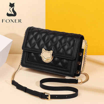 FOXER Women Split Leather Messenger Bags New Designe Lady Stylish Chains Lattice Shoulder Crossbody Bag Female Classical Flap