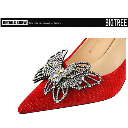 BIGTREE Scarpe Designer Nuove donne Décolleté Strass Farfalla Nodo Punta a punta Flock 10CM Tacchi sottili Scarpe da donna mature super alte