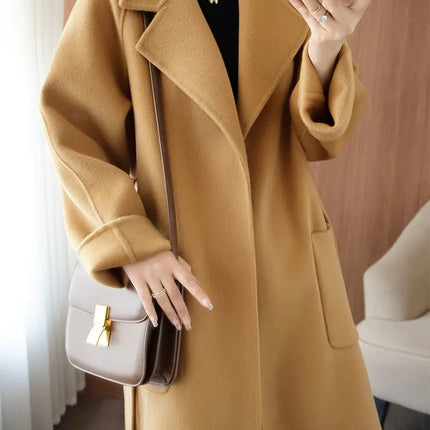 100% Wool Coat Women's Wear 2026 Autumn/Winter Fashion Temperament Double sided Cashmere Coats with Belt Elegant Long Overcoat