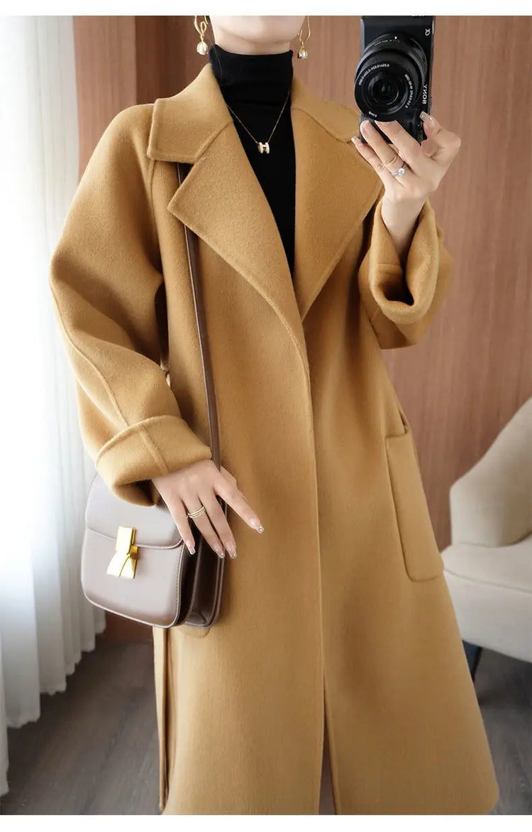 100% Wool Coat Women's Wear 2026 Autumn/Winter Fashion Temperament Double sided Cashmere Coats with Belt Elegant Long Overcoat