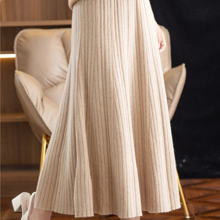 Elegant Women's Pleated Skirt 100% Merino Wool Skirt A-Line Long Skirt Soft Warm Autumn Winter Dress Slim Elastic Waist Office PlatiNum