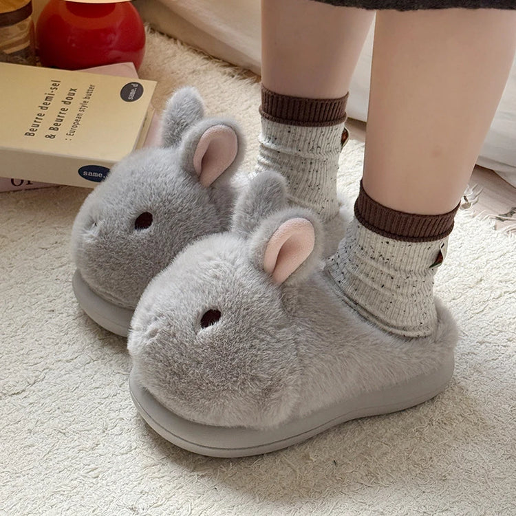 Novelty Cartoon Rabbit Slippers For Women Upright Ear Bunny Fluffy Plush Mules Woman Warm Full Back Home Slippers Winter Shoes