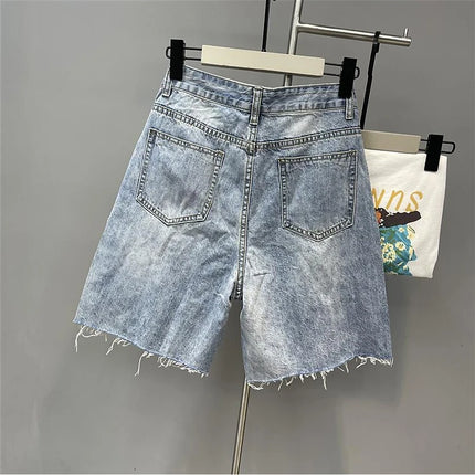 Pantaloncini di jeans con foro sfilacciato floreale con perline alla moda Pantaloncini casual estivi da donna a vita alta in tinta unita stile coreano