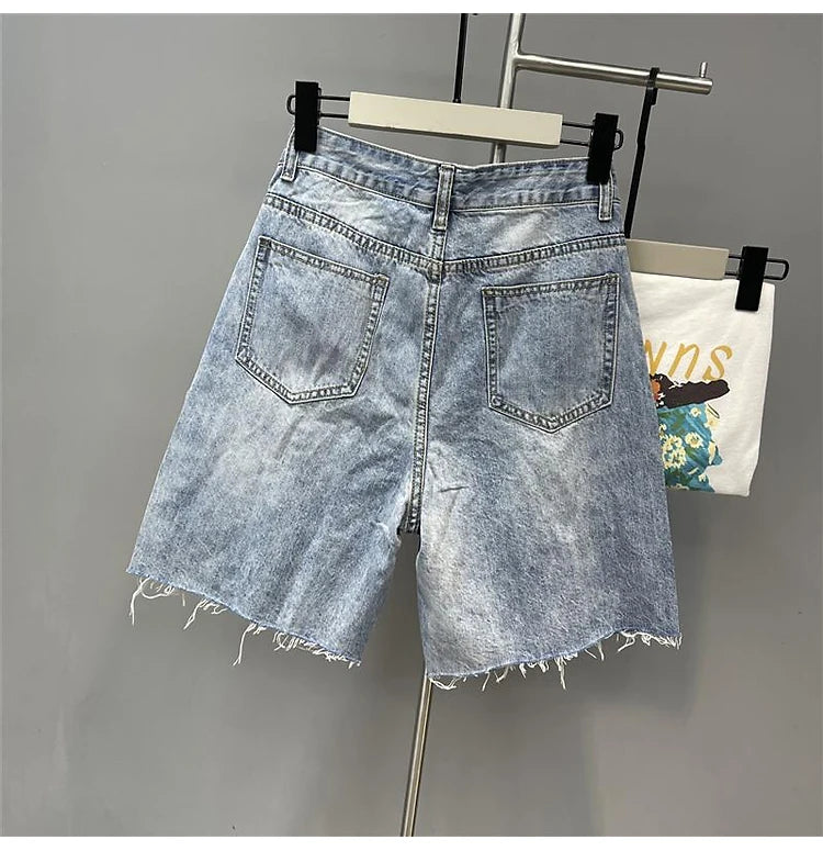 Pantaloncini di jeans con foro sfilacciato floreale con perline alla moda Pantaloncini casual estivi da donna a vita alta in tinta unita stile coreano