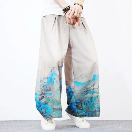 Nuovi Pantaloni da Uomo con Stampa Tradizionale a Gru, Stile Cinese Vintage, Pantaloni Harem Estivi, Pantaloni Larghi Hanfu Oversize da Uomo