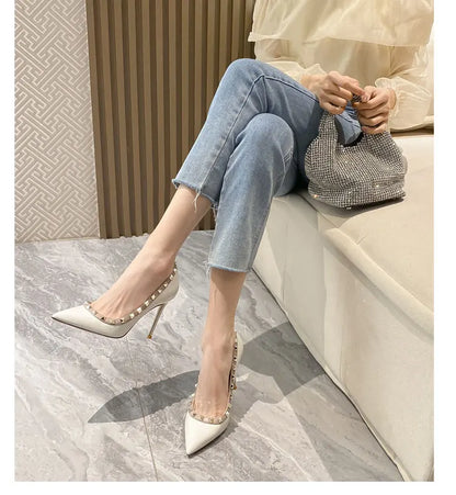 Women's High Heels Black Genuine Leather Rivet Pointed toe pumps luxury designer high quality Shoes Elegant woman heeled shoes