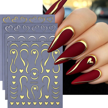 4pcs Valentine's Day Nail Art Stickers 3D Gold/Silver French Lines Love Heart Nail Decals Adhesive Slider Manicure Decorations