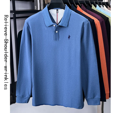 High-end branded long-sleeved polo shirt, 100% cotton, new business men's leisure lapel t-shirt, luxury comfort with Paul pony embroidery