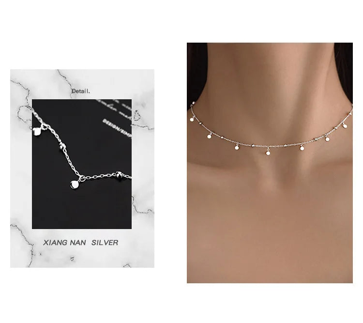 925 Sterling Silver Neck Chain Tassels Round Necklaces Women Jewelry Exquisite Elegant Aesthetic Charms Accessories Argent 925 PlatiNum