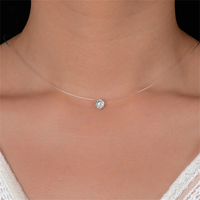 Fashion Shiny Crystal Necklace For Women Female Transparent Fishing Line Round Zircon Choker Minimalist Clavicle Chain Jewelry PlatiNum