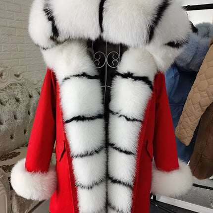 Winter Long Jacket Real Fur Coat Women Clothes Large Silver Fox Fur Collar Detachable Natural Fox Lining Parkas Leather Fur