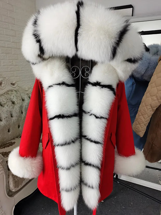 Winter Long Jacket Real Fur Coat Women Clothes Large Silver Fox Fur Collar Detachable Natural Fox Lining Parkas Leather Fur