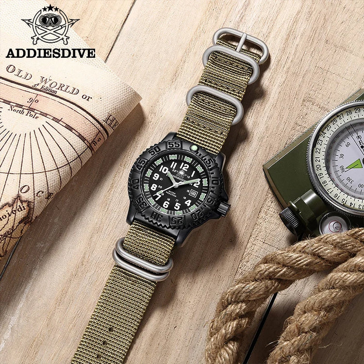 ADDIESDIVE Luxury Men Watch Luminous Dial 50m Water Resistance Date Display Outdoor Casual Men's Quartz Men Watch Nylon Strap
