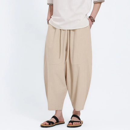 Pantaloni Harem in Cotone e Lino da Uomo, Casual, Traspiranti, Comodi, Estivi, Lunghezza al Polpaccio, Taglie Forti fino a 5XL