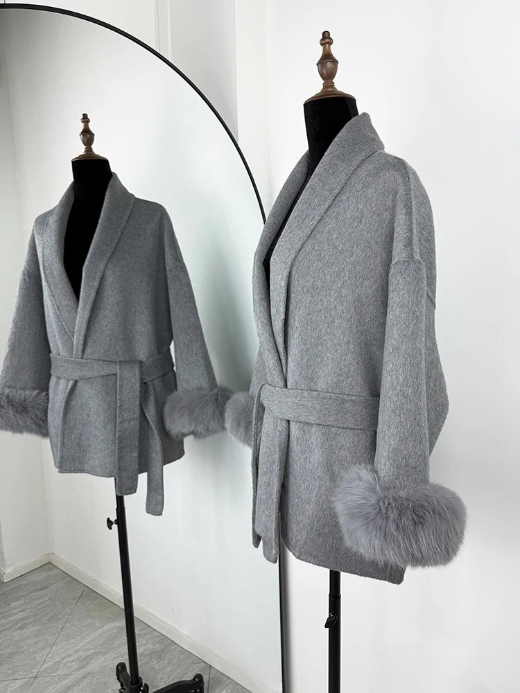 TARUXY Fox Fur Woolen Long Coats Women's Office Lady Removable Elegant Coat Double-sided Wool Overcoat 2025 New Cardigan Jacket