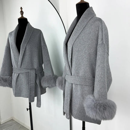TARUXY Fox Fur Woolen Coats Women's Short Coat Office Lady Removable Elegant Double-sided Wool Overcoat 2025 New Cardigan Jacket